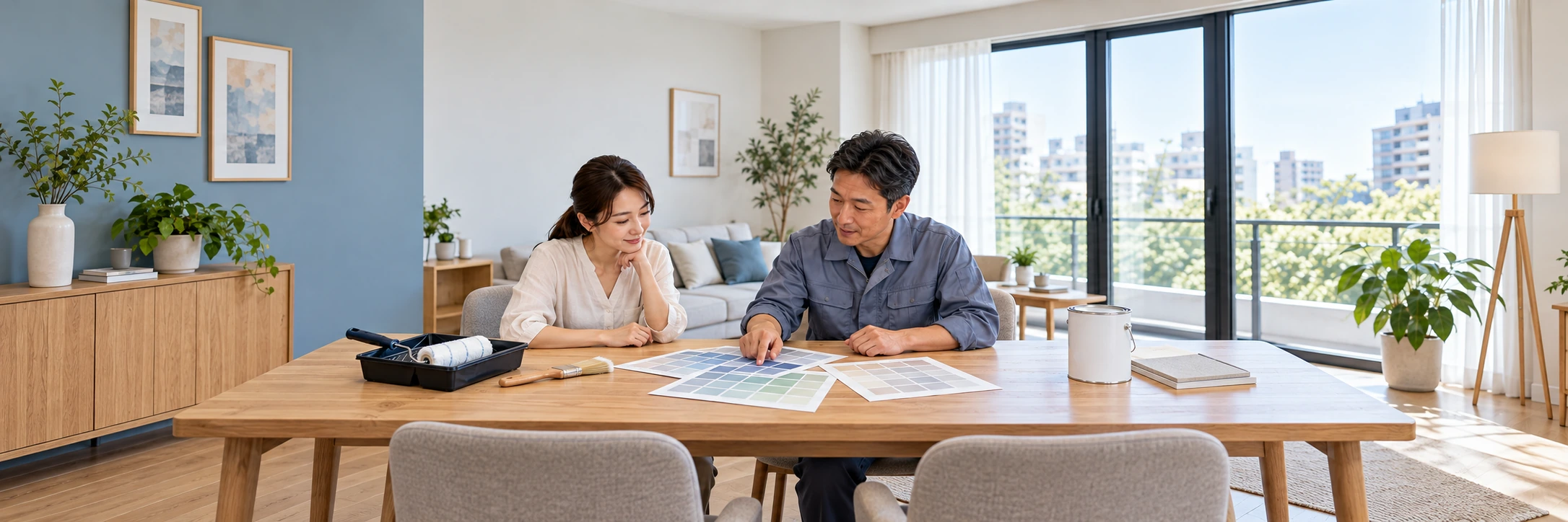 屋主與塗裝專員在明亮室內討論修繕選材,桌上放有平面色卡、滾筒、漆盤與油漆刷